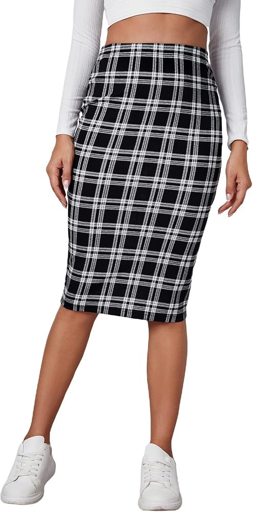 Floerns Women's Plaid Print High Waist Knee Length Bodycon Pencil Skirt | Amazon (US)