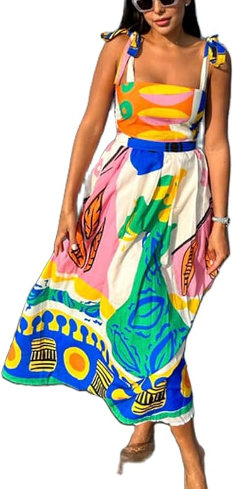 Women Boho Graffiti Cami Long Dress Graphic Spaghetti Strap Flowy Swing Maxi Dress Colorful A Lin... | Amazon (US)