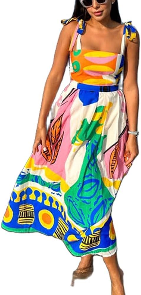 NUFIWI Women Boho Graffiti Cami Long Dress Graphic Spaghetti Strap Flowy Maxi Dress Square Neck C... | Amazon (US)