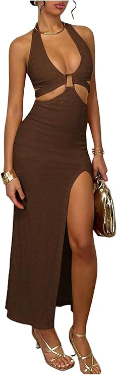 WDIRARA Women's Cut Out Halter Bodycon Dress Backless Side Slit Prom Long Dresses | Amazon (US)
