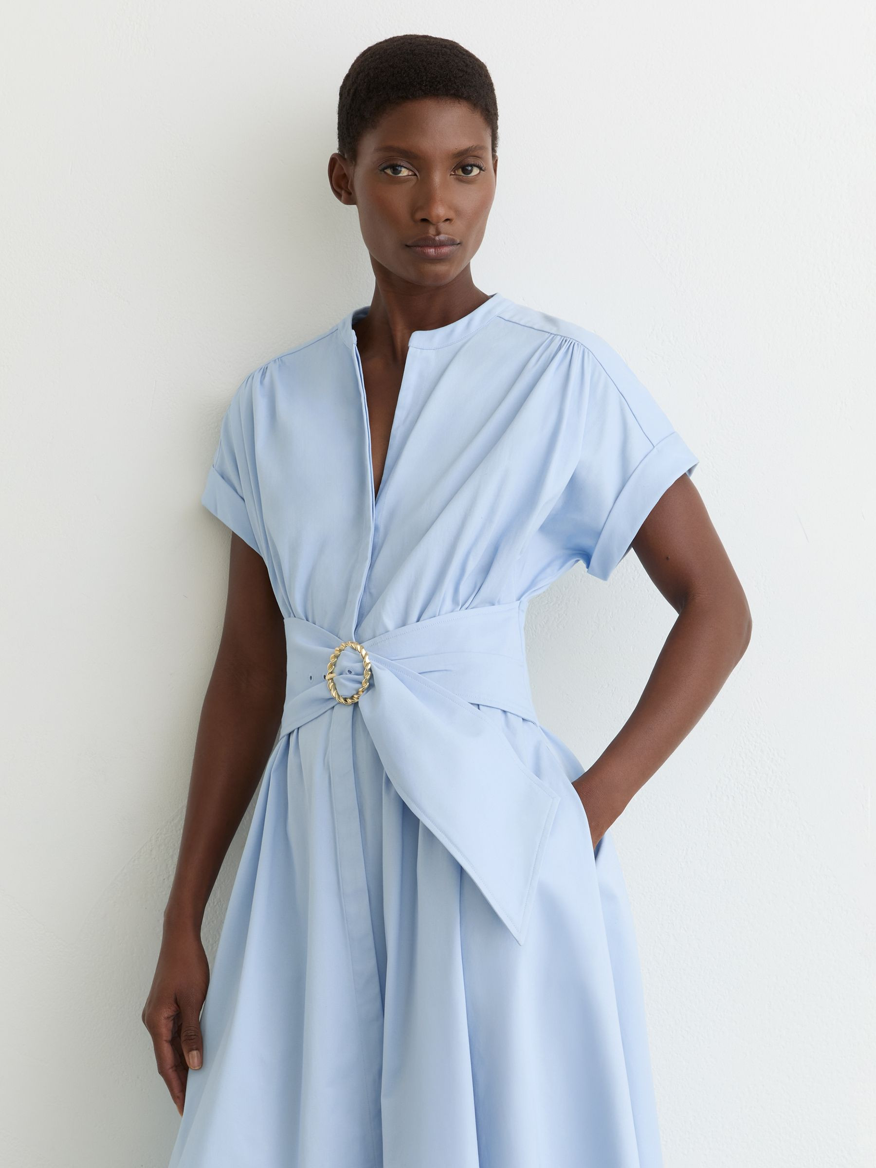 Reiss Cotton Short-Sleeve Belted Midi Dress with Stretch in Blue - REISS | Reiss UK