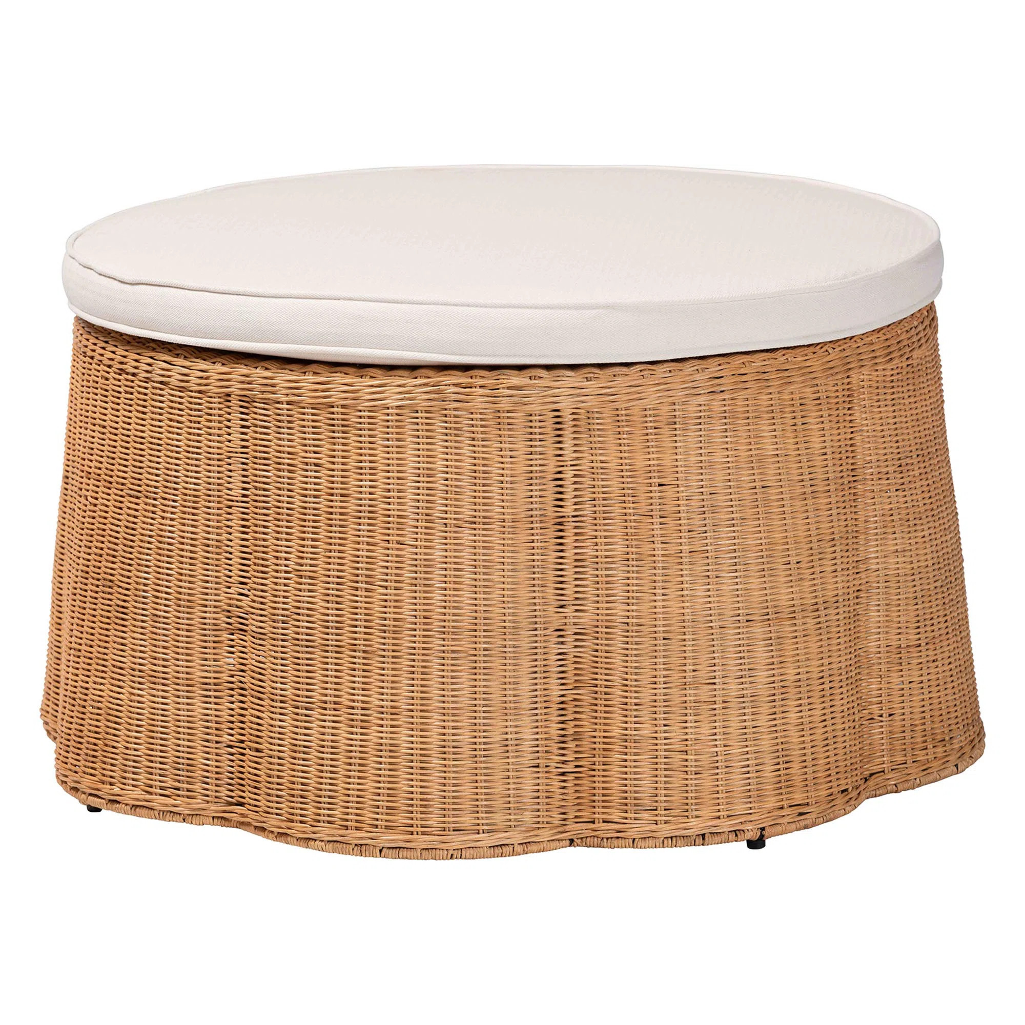 Bali & Pari Palm Scallop Natural Rattan Ottoman With Cushion – Handwoven Wicker Accent Stool Or... | Wayfair North America
