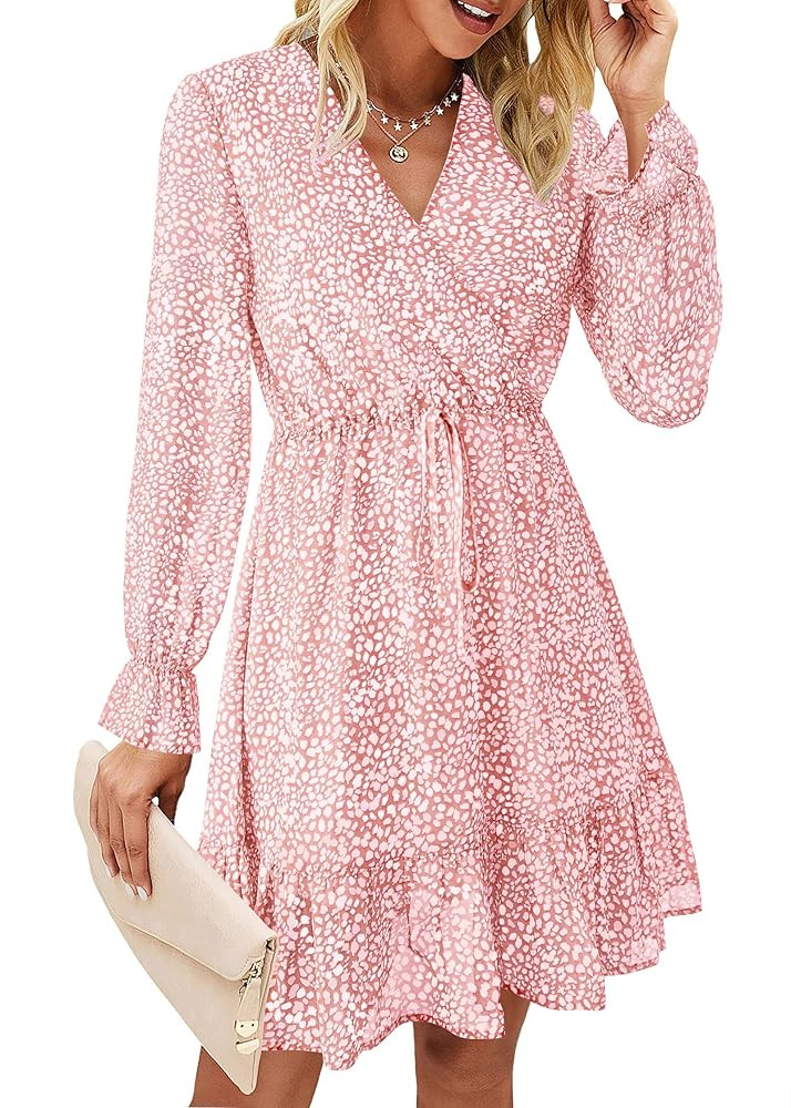 KIRUNDO Women Casual Summer Fall Dresses Long Sleeve Floral Wrap V Neck High Waist Ruffle Tiered ... | Amazon (US)