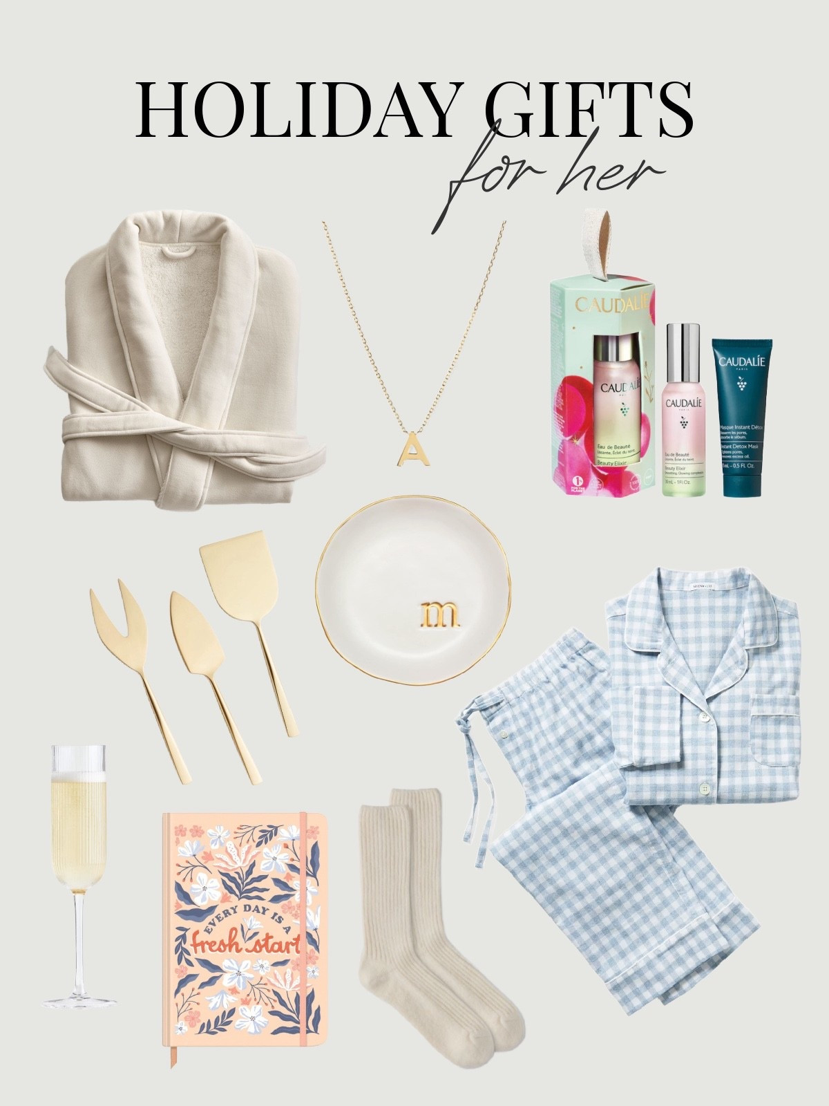 Thoughtful gifts she’ll love, from cozy little luxuries to everyday favourites that feel extra special this time of year. Many on sale!

Cozy retreat robe, letter necklace, Caudalie gift set, gold cheese knives, letter jewelry tray, gingham flannel pajamas, ribbed champagne flute, fresh start journal, cashmere socks
