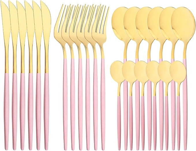 Mirror Cutlery Serving Set, 24-piece 18/0 Stainless Steel Silverware With Pink Handle Simple & Mo... | Amazon (US)