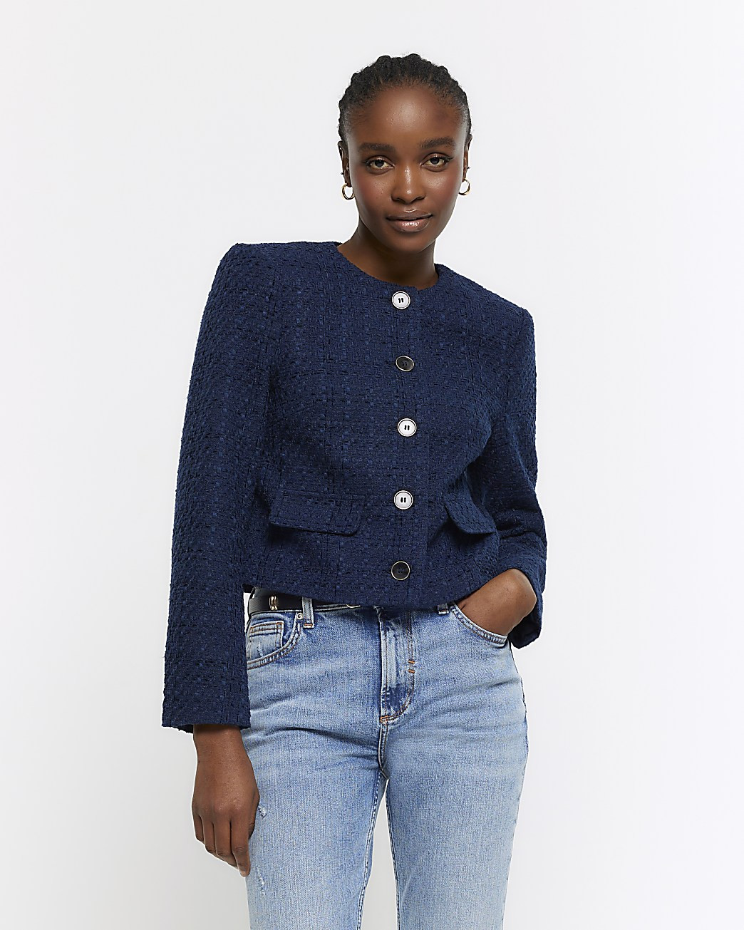 Navy boucle crop trophy jacket | River Island (UK & IE)