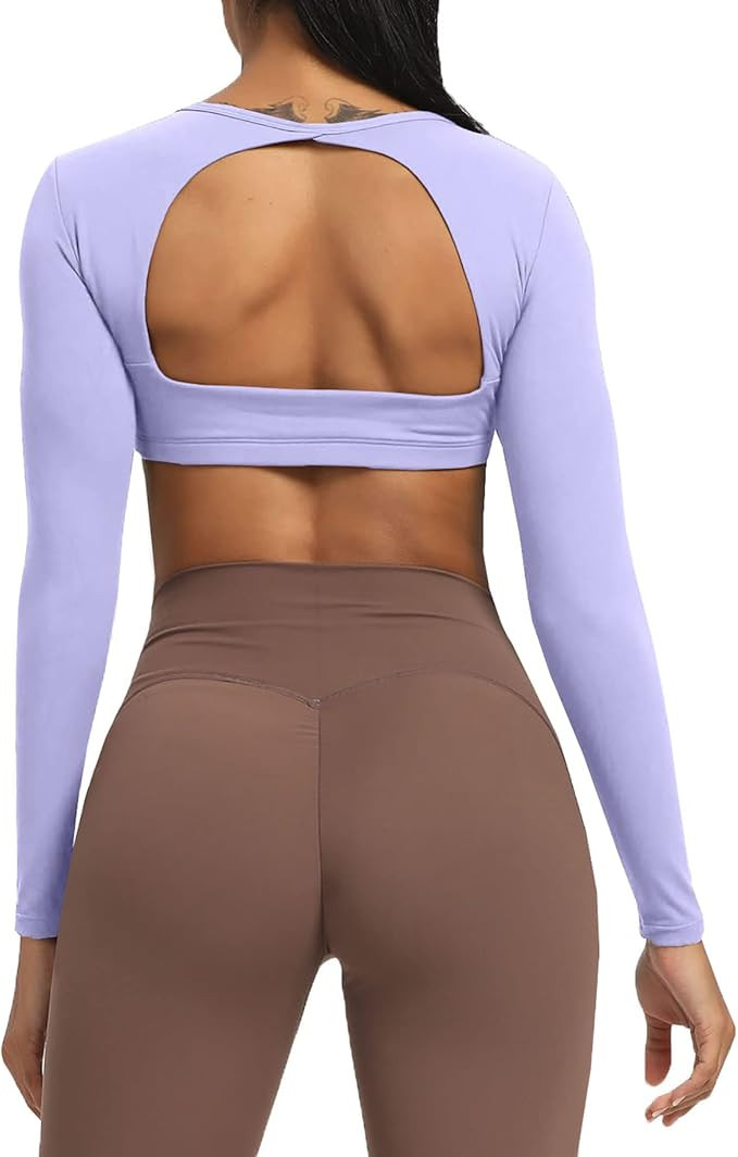 Aoxjox Long Sleeve Crop Tops for Women Clarissa Backless Workout Crop T Shirt Top | Amazon (US)