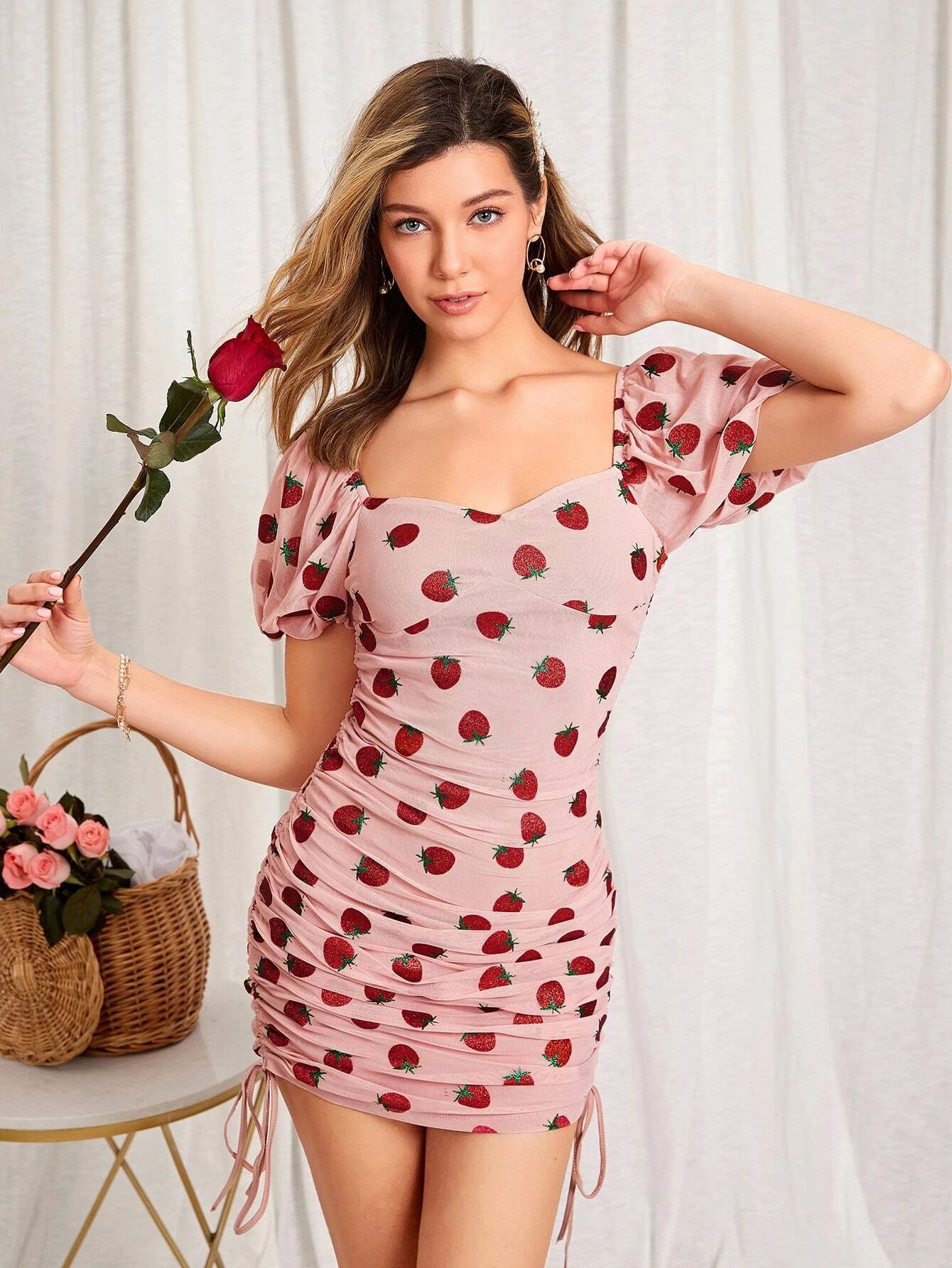 SHEIN Puff Sleeve Ruched Drawstring Strawberry Mesh Dress | SHEIN