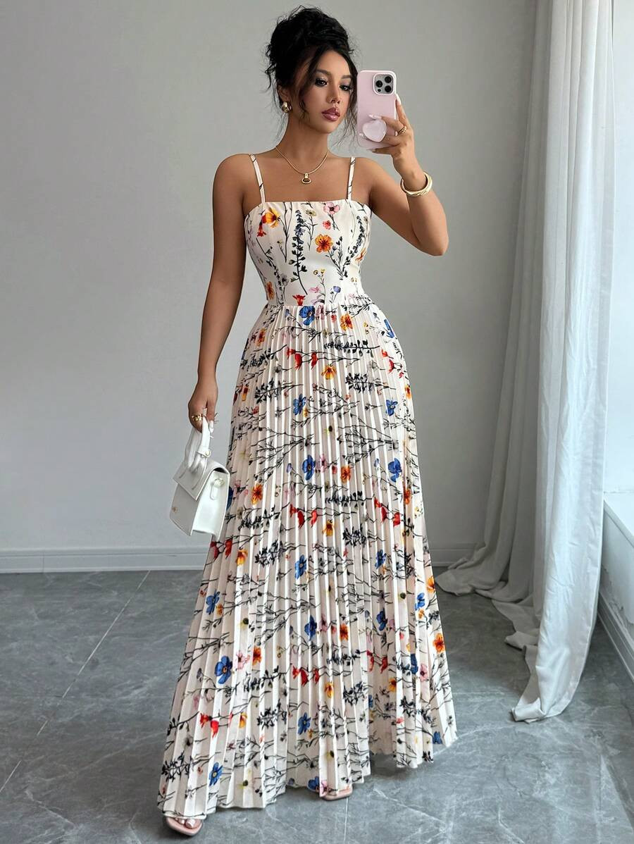 Elenzga Summer Elegant Floral Print Pleated Tie-Up Backless Dress | SHEIN