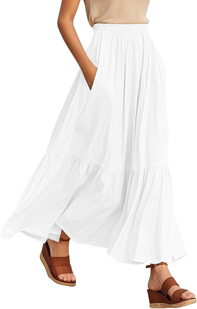 Urban CoCo Women's Boho Flowy Maxi Skirt Elastic Waisted A-Line Summer Beach Skirts with Pockets | Amazon (US)