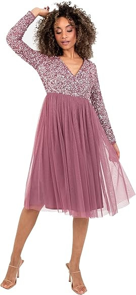 Maya Deluxe Damen Midi Elegant Hochzeit Ärmel Tiefer V Ausschnitt Pailletten Cocktailkleid Absch... | Amazon (DE)