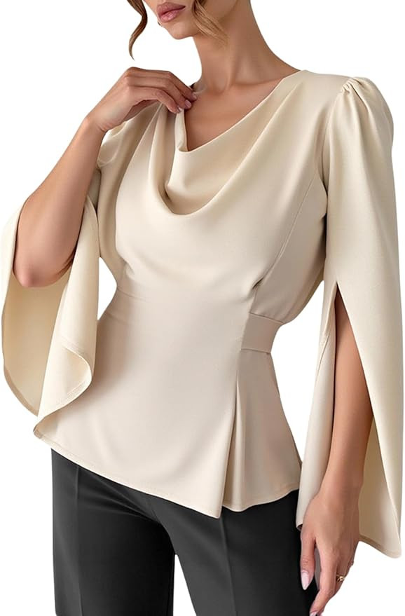 Women's Cowl Neck Satin Blouse Split Long Sleeve Peplum Tie Back Elegant Tops | Amazon (US)