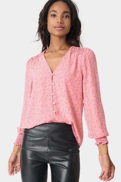 Pin Dot Smocked Detail V-Neck Blouse | Gibson