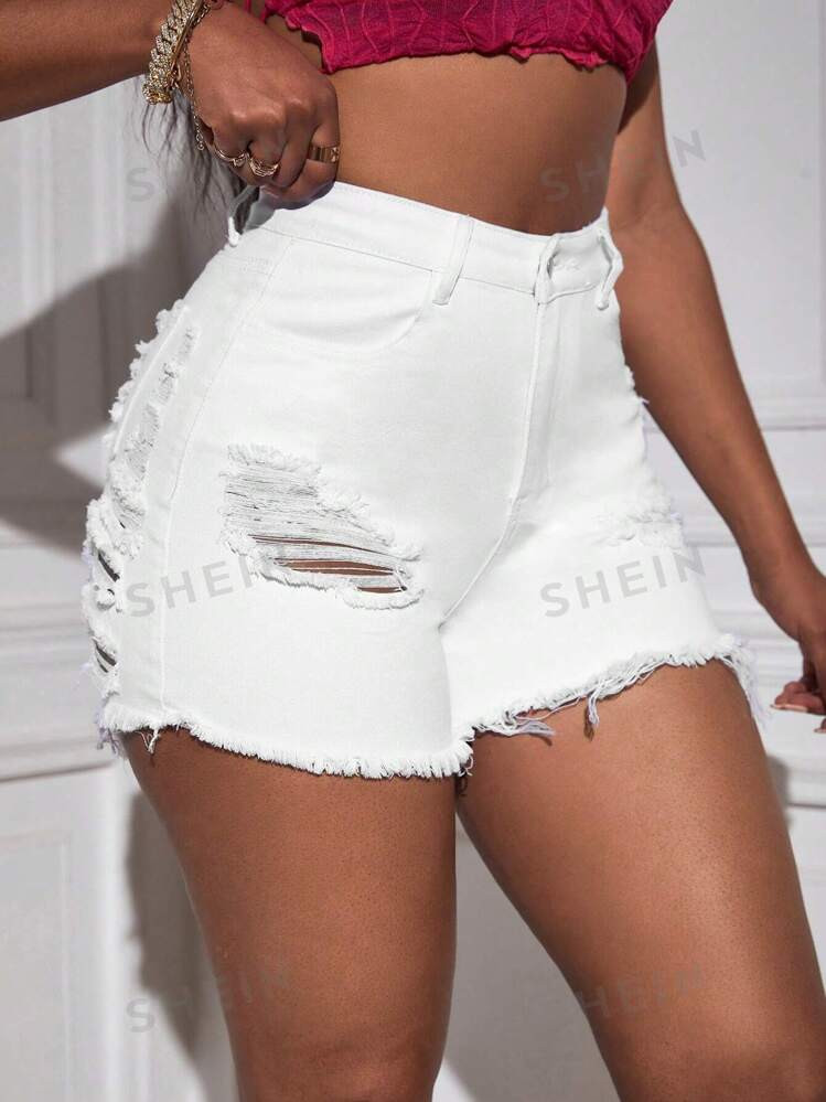 SHEIN SXY High Waist Ripped Frayed Hem Denim Shorts | SHEIN