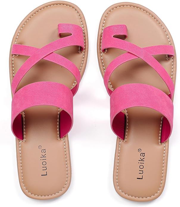 Luoika Women's Wide Width Flat Sandals, Flip Flop Slides Sandal Casual Strapy Sandal Slip on Summ... | Amazon (US)
