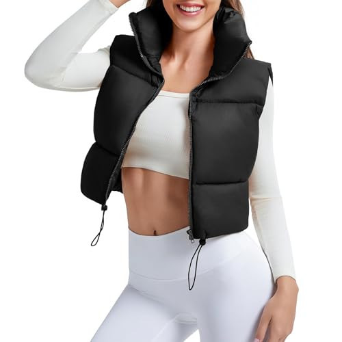 Women's Winter Cropped Puffer Vest Crop Jackets For Women Full Zip Stand Collar Padded Lightweight Outwear Vest Y2K Tops Black S | Amazon (US)