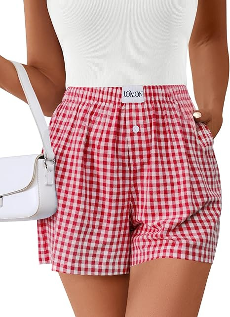 Lomon Boxer Shorts for Women Summer Gingham Pajamas 2026 Lounge Sleep Pj Plaid Shorts Y2K Beach B... | Amazon (US)
