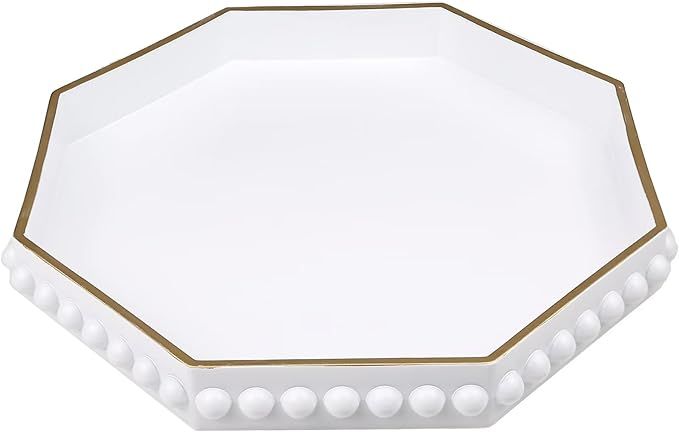 White Serving Tray for Coffee Table, Octagonal Beaded Plastic Decorative Tray for Ottoman, Kitche... | Amazon (US)
