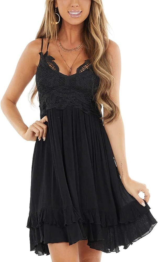 Feager Summer Dresses for Women 2023 Sexy Lace V Neck Spaghetti Strap Sun Dress Ruffle Short Boho... | Amazon (US)