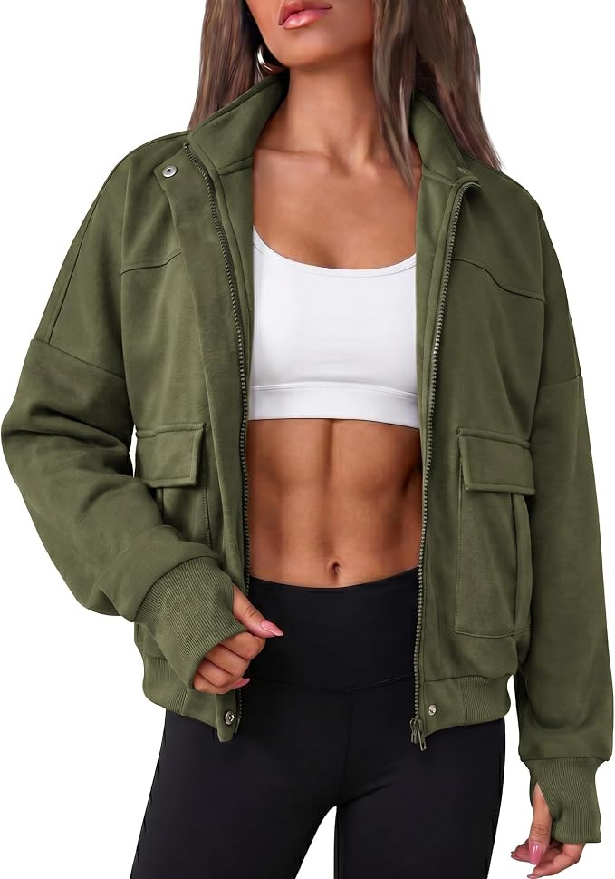 Short Sweatshirt Bomber Jacket Women Zip Up Thumb Hole Stand Collar | Amazon (US)