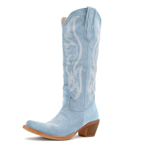 GORBINETI Western Cowboy Boots for Women Knee High Wide Calf Cowgirl Boots with Western Embroidered Pull On Pointed Toe Chunky Heel Fashion Tall Boot Ladies Fall Winter Boots, Sky Blue-15, 4 UK | Amazon (US)