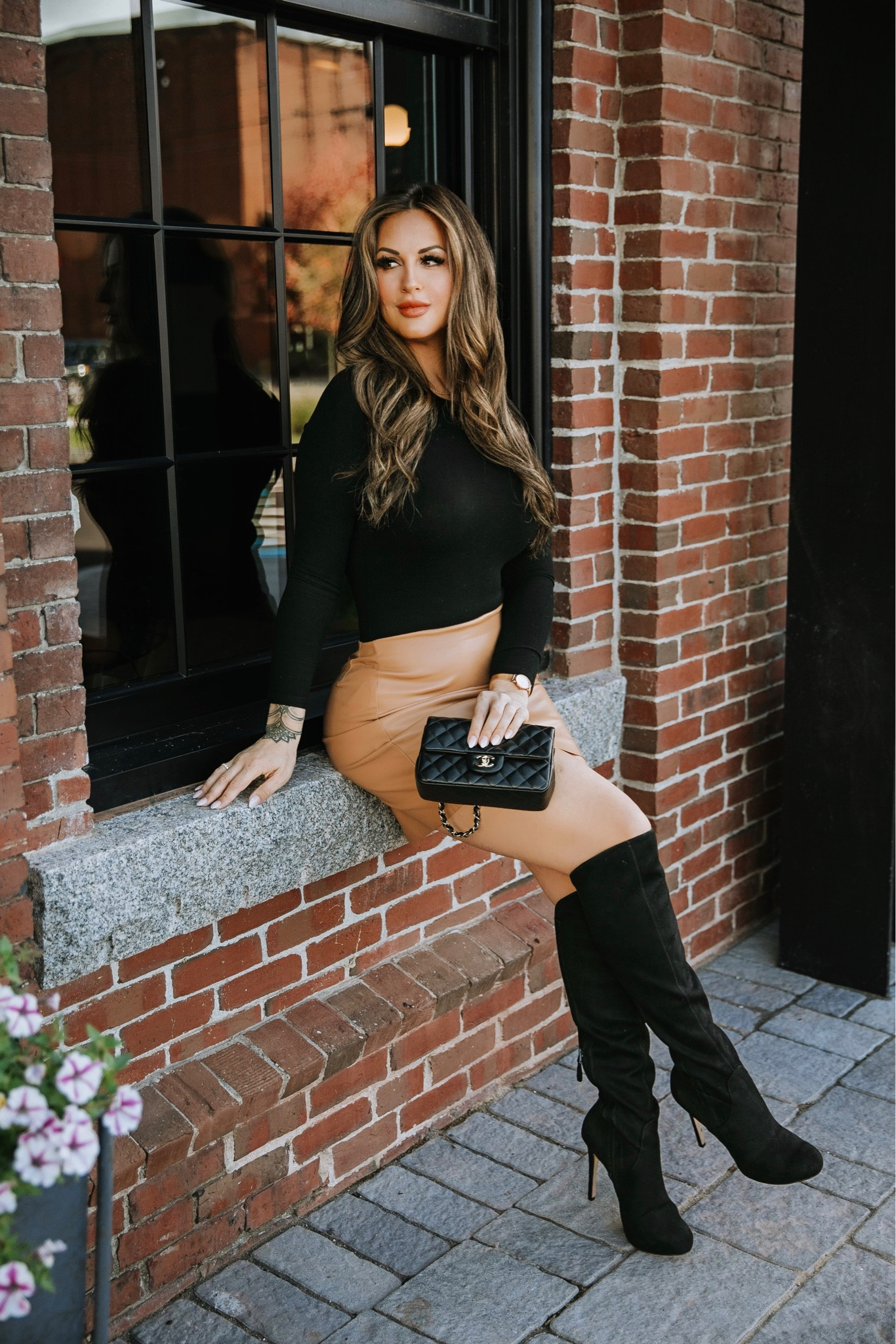 Women’s faux leather brown skirt suit (not pictured: blazer) with knee high suede black boots, black bodysuit, and Chanel mini flap black handbag. Perfect real estate / workwear outfit or for a night out!

#LTKSeasonal #LTKshoecrush #LTKworkwear