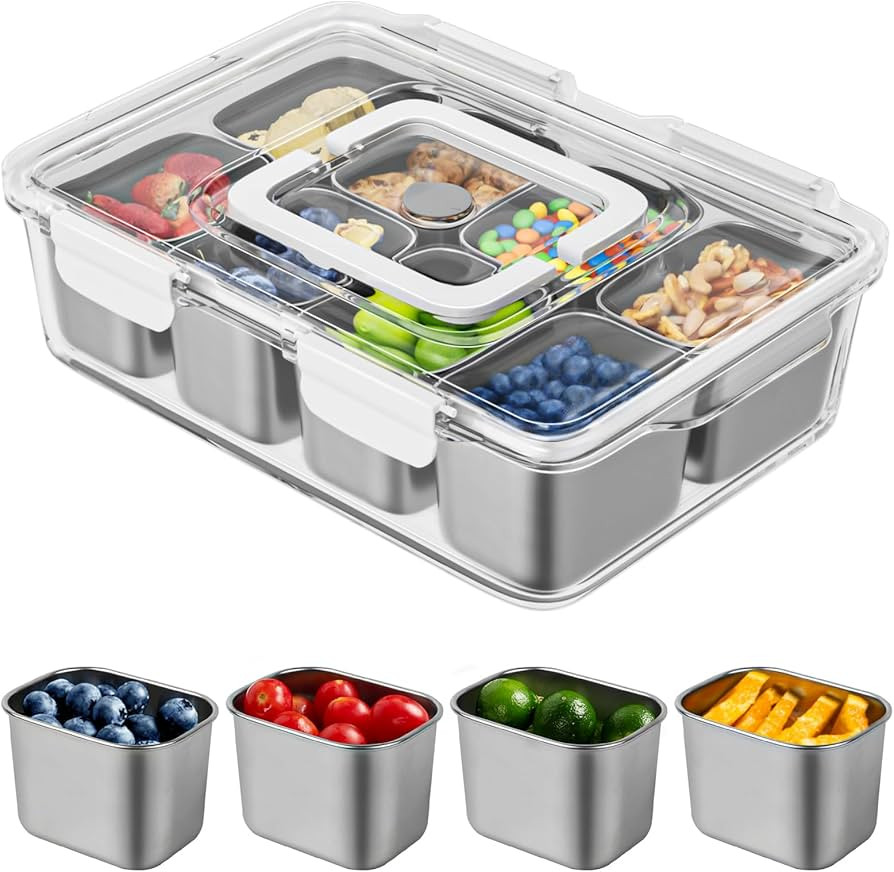 Snackle Box Container, Stainless Steel Divided Serving Tray with Lid and Handle, 8 Compartment Po... | Amazon (US)