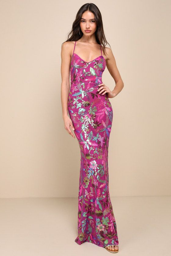 Glittering Icon Magenta Iridescent Sequin Lace-Up Maxi Dress | Lulus