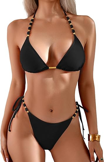 TASHEHE Women's Bikini Set High Cut Triangle Sexy Tie Swimsuit Two Piece Beads Shoulder Straps Ba... | Amazon (US)