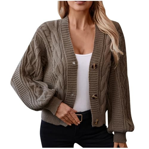 Cardigan Sweaters for Women Lightweight Cropped Chunky Knit Long Sleeve Cardigans Open Front Button Up Outfits Womens Cardigan Sweaters Coffee S | Amazon (US)