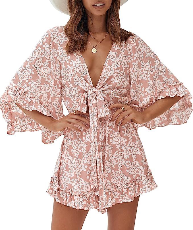 imesrun Womens Deep V Neck Playsuits Elastic Waist Floral Ruffle Summer Jumpsuit Rompers | Amazon (US)