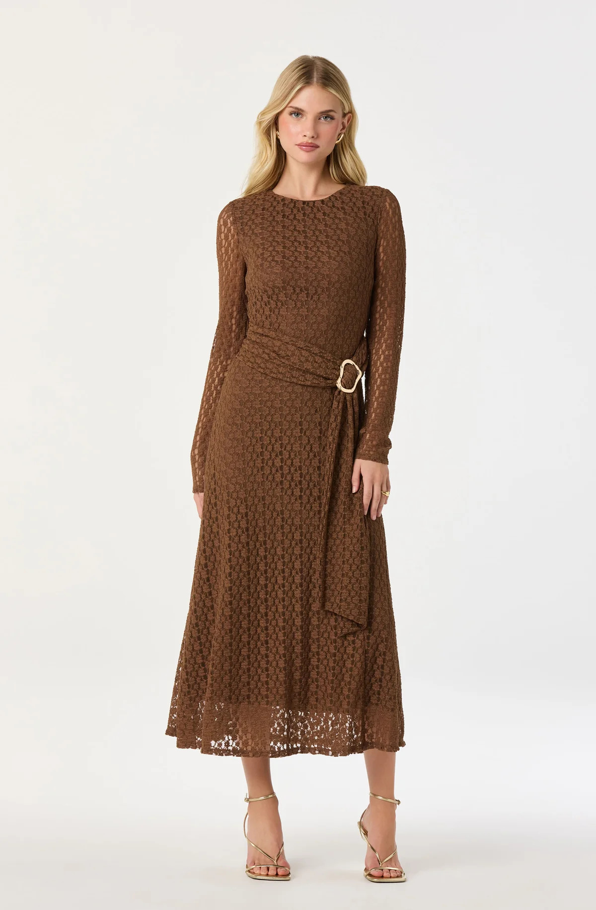 Belted Lace Midi Dress - Brown / XS | ASTR The Label (US)