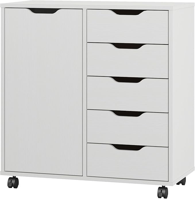 Panana 5-Drawer Chest with 1 Door, Wooden Chest of Drawers Storage Dresser Cabinet with Wheels, O... | Amazon (US)