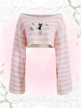 ROMWE Kawaii Striped Cartoon Graphic Crop Sweater | SHEIN