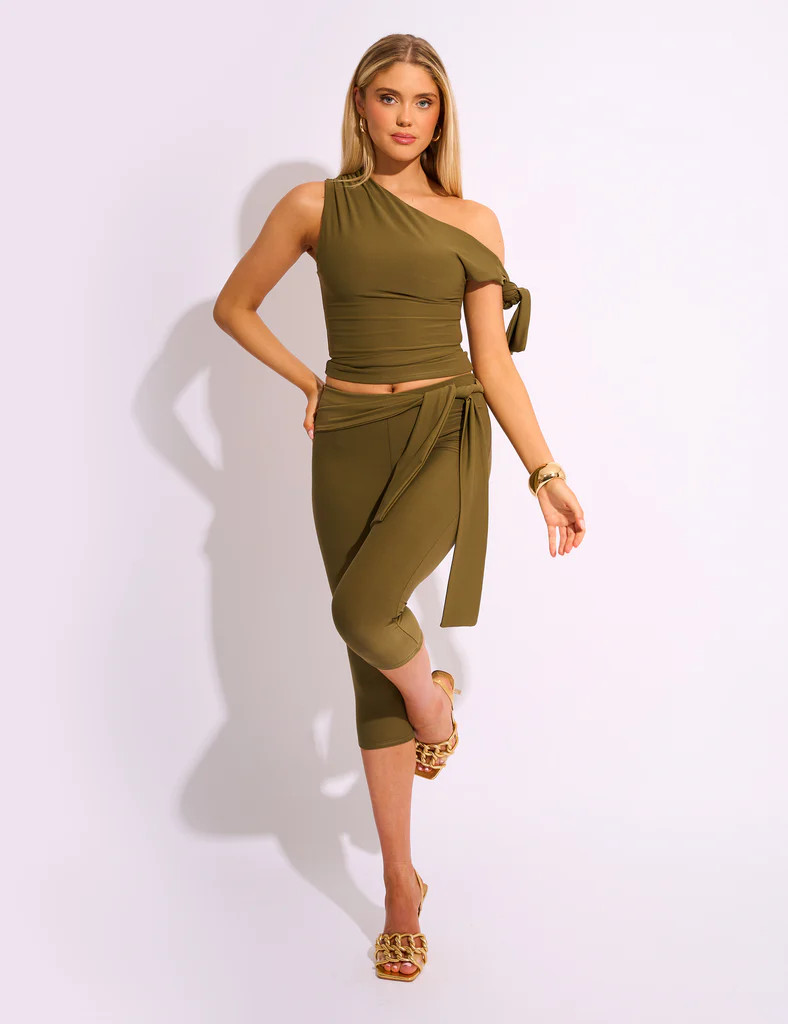 Knot Detail Tie Side Luxe Slinky Capri Pants Khaki | Public Desire