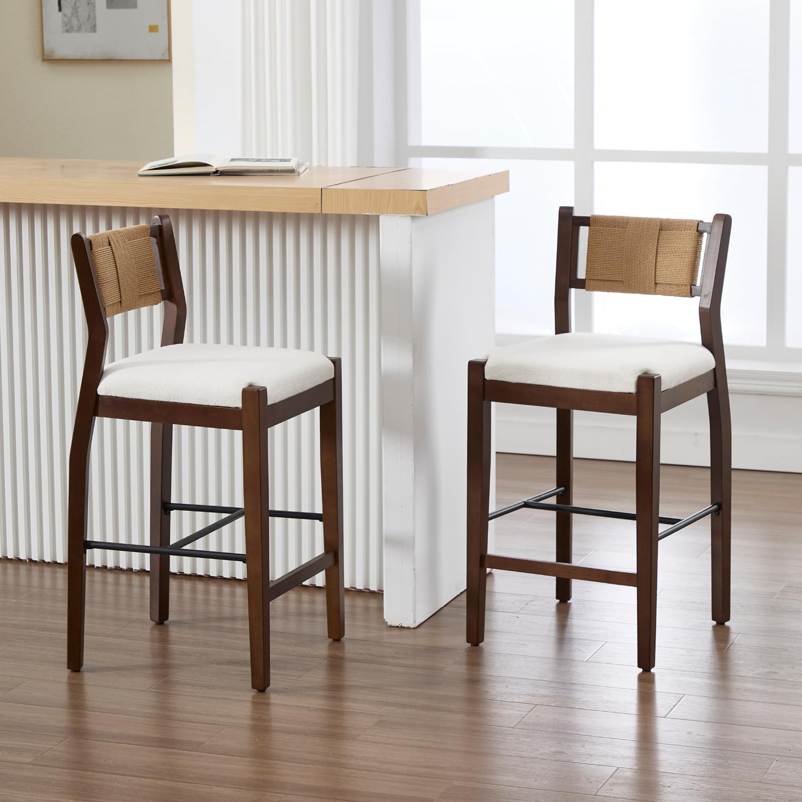 CIMOTA Rattan Counter Height Bar Stools Set of 2, 26" Boho Barstools with Woven Backs, Mid Century Walnut Wood Bar Stool Chairs Sherpa Upholstered Counter Stools for Kitchen Island/Counter/Bar,White | Amazon (US)