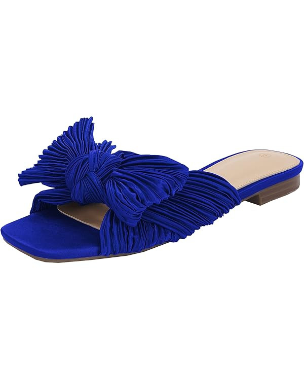 VETASTE Women's Pleated Bow Flat Sandals Open Square Toe Slip on Slide Sandals | Amazon (US)