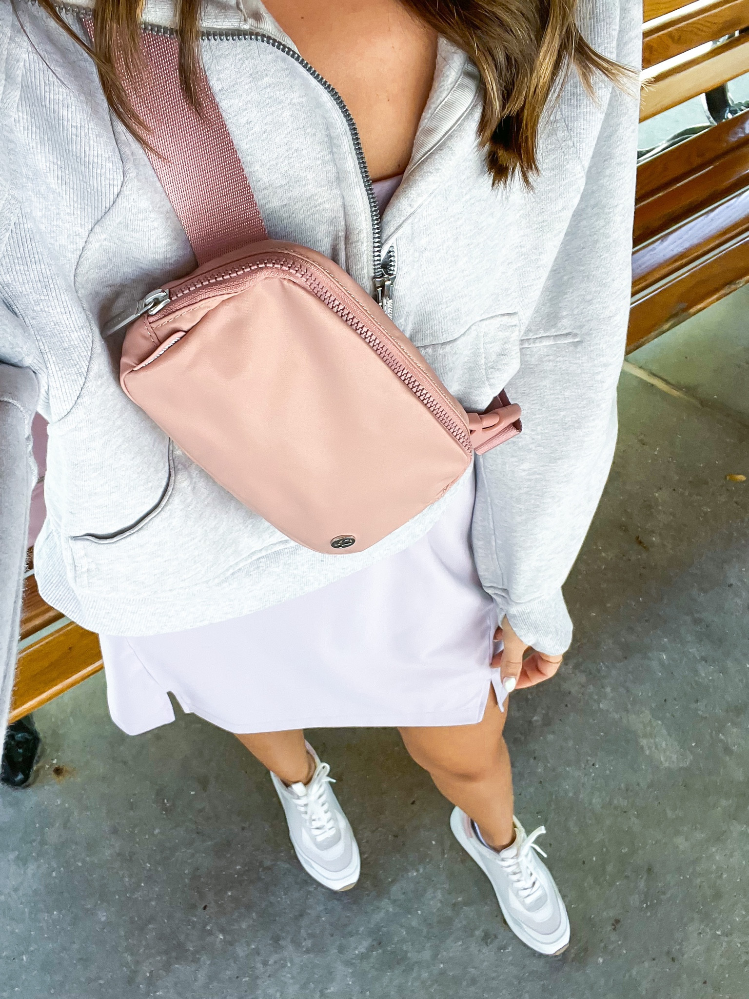 Disney outfit. Theme park outfit. Weekend outfit. Mom outfit. Travel outfit. Lululemon funnel neck scuba (XS/S). Old Navy exercise dress (XSP). Target white sneakers (TTS). Lululemon belt bag (pastel pink). 

#LTKunder50 #LTKfit #LTKtravel