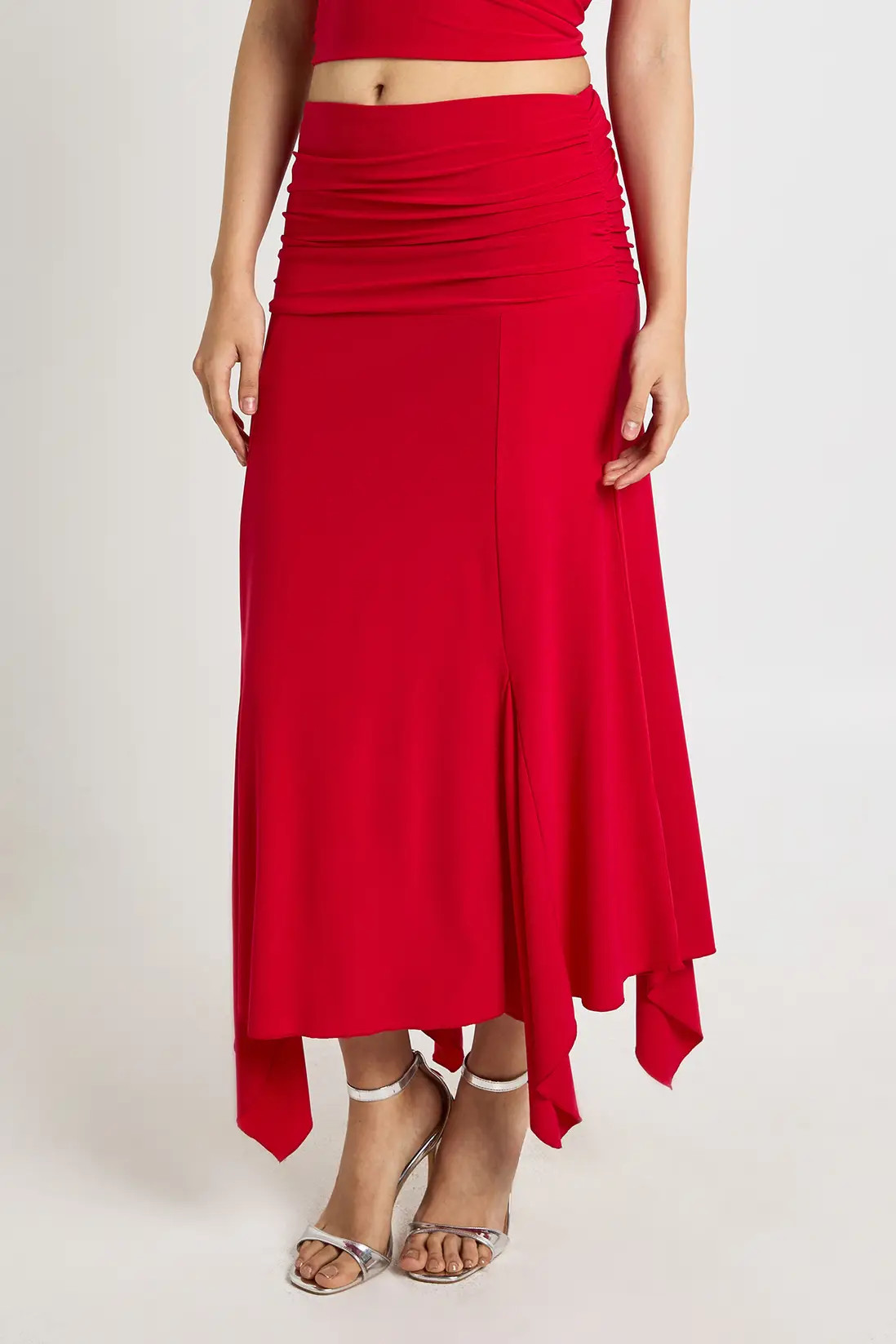 Red Slinky Hanky Hem Midi Skirt | Boohoo | Boohoo.com (UK & IE)