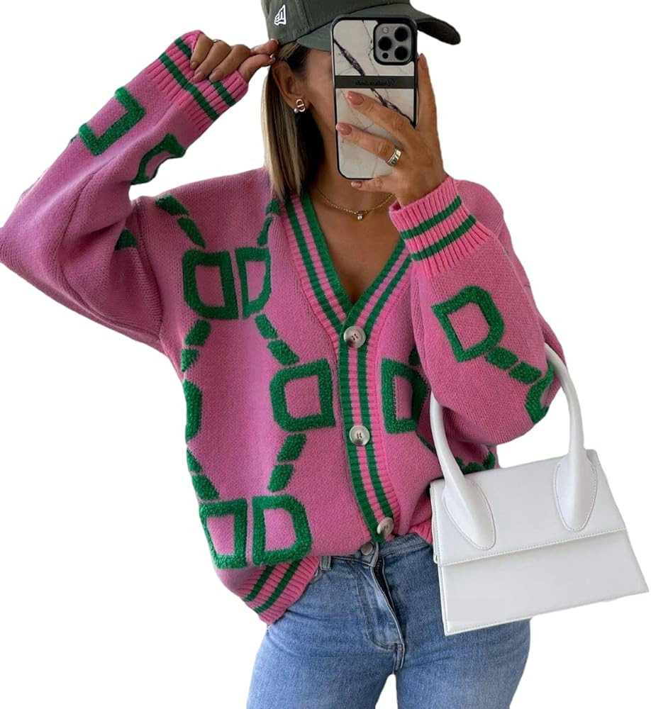 Women's Fall Winter Sweater Cardigan Oversized Button Down Long Sleeve Trendy Loose Geometric Kni... | Amazon (US)