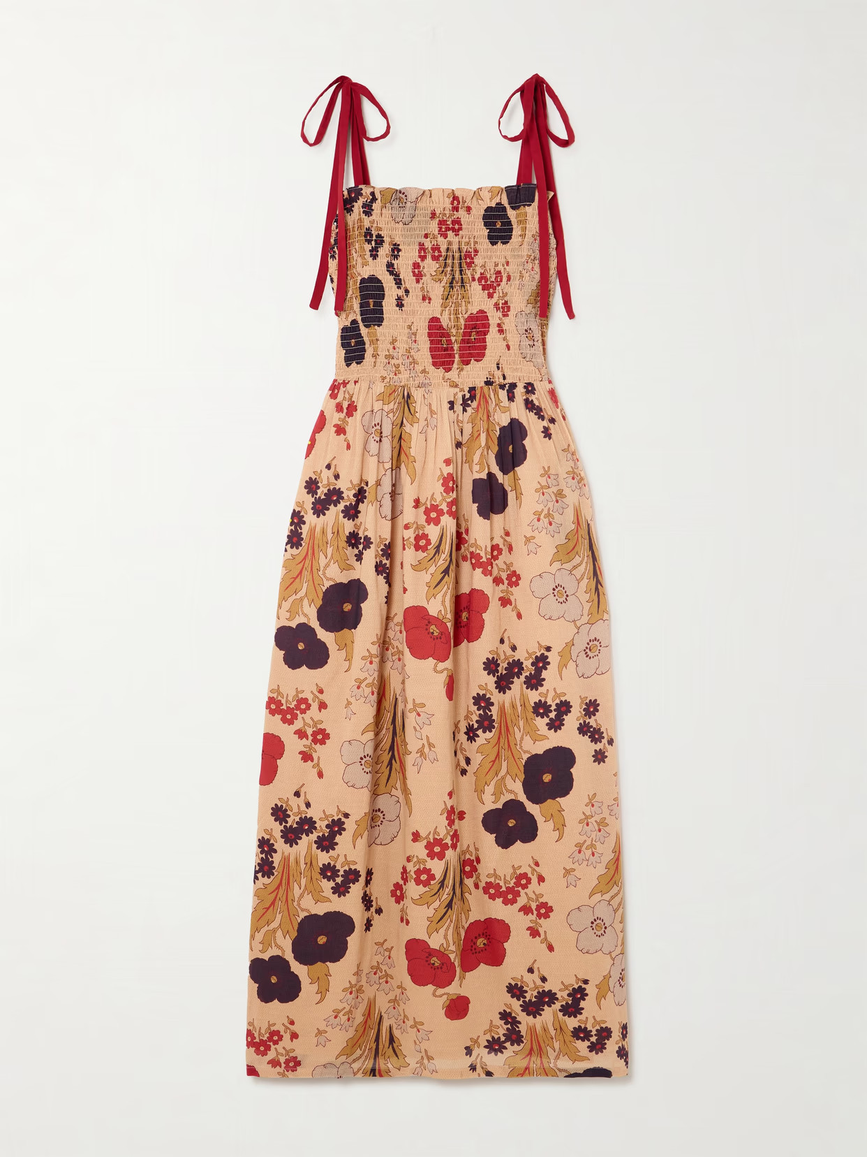 ALIX OF BOHEMIA - Kaia Vintage Poppy Shirred Floral-print Cotton Midi Dress - Neutrals | NET-A-PORTER (US)