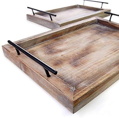Bison Home Goods Wooden Serving Trays with Handles (2 Pc. Set) Rustic Color, Farmhouse Wood Butle... | Amazon (US)
