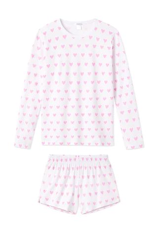 Pima Long-Short Weekend Set in Pink Heart | LAKE Pajamas