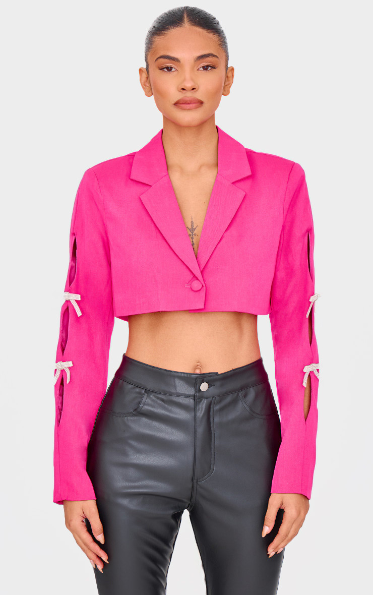 Fuchsia Rhinestone Bow Detail Cropped Blazer | Outerwear | PrettyLittleThing US