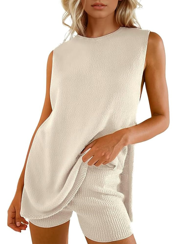 Yimoon Women’s Summer Sweater Set 2 Piece Beach Vacation Outfits Sleeveless Tunic Top Matching ... | Amazon (US)