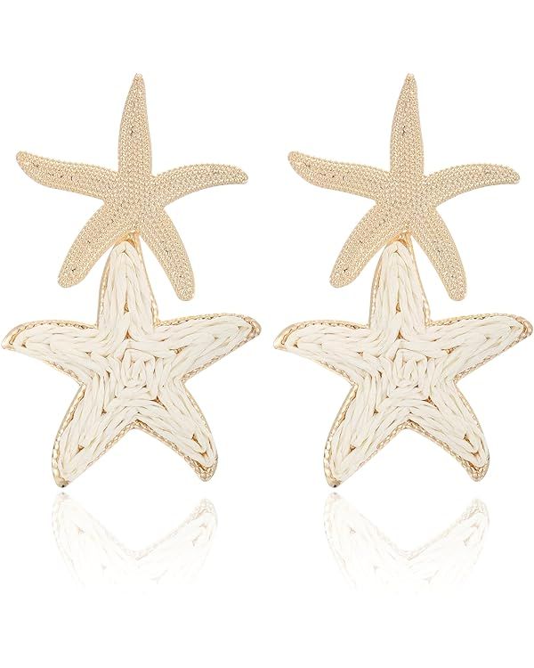 Raffia Starfish Earrings, Raffia Straw Wrapped Starfish Drop Dangle Earrings Summer Tropical Beac... | Amazon (US)