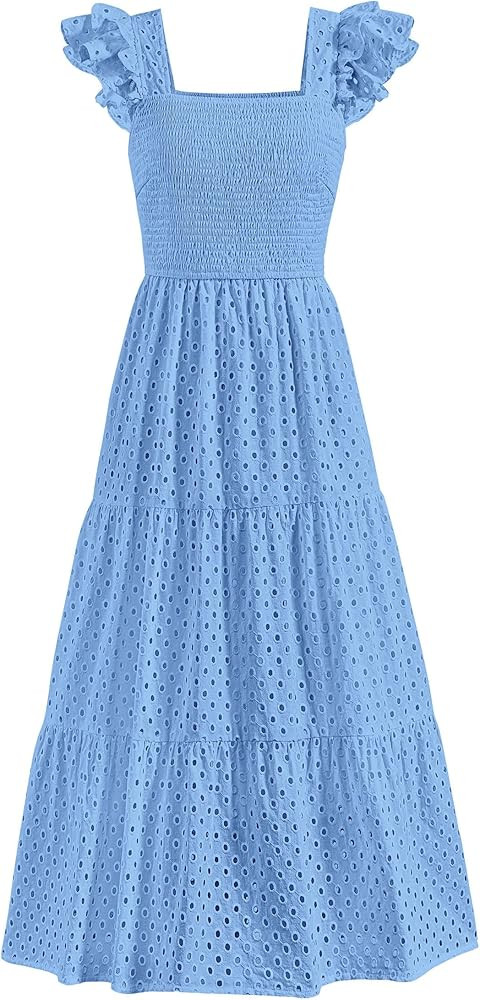 PRETTYGARDEN Womens Summer Square Neck Maxi Dresses Cap Sleeve Eyelet Smocked Tiered A Line Flowy... | Amazon (US)