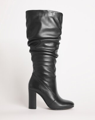 Luarca Leather Ruched Block Heel Boots Wide Fit Standard Calf | Simply Be (UK)