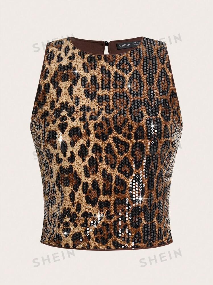 SHEIN Essnce Women's Casual Fashionable Trendy Modern Glitter Leopard Print Cheetah Print Sequin ... | SHEIN