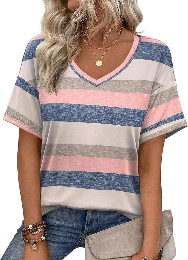 Zeagoo Womens Summer Tops Short Sleeve Casual Shirts Floral Tee Trendy 2025 Basics V Neck Plain T... | Amazon (US)